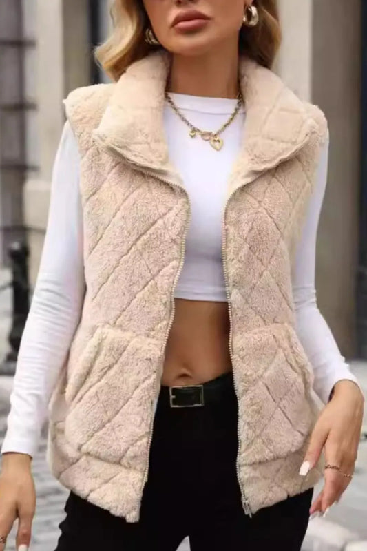 Fuzzy Plaid Texture Zip Up Vest Coat Tan Easy Apparels