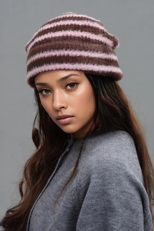 Fuzzy Contrast Striped Thermal Hat Brown Pink One Size Easy Apparels