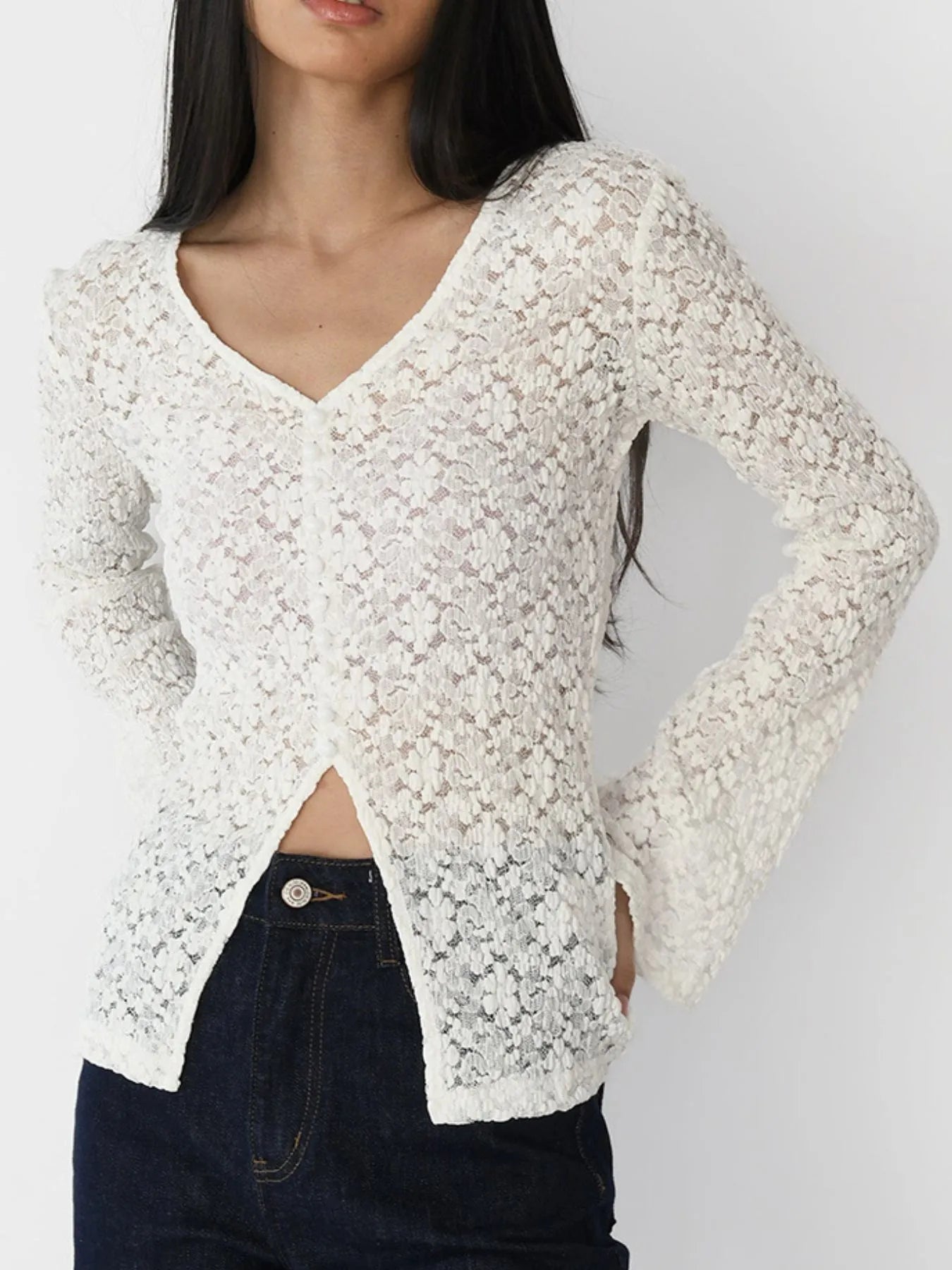 Trendsi Lace V-Neck Flare Sleeve T-Shirt