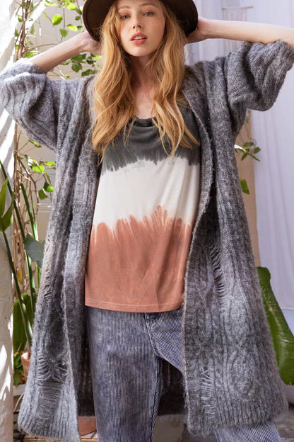 POL Distressed Cable-Knit Ombre Dying Cardigan Easy Apparels