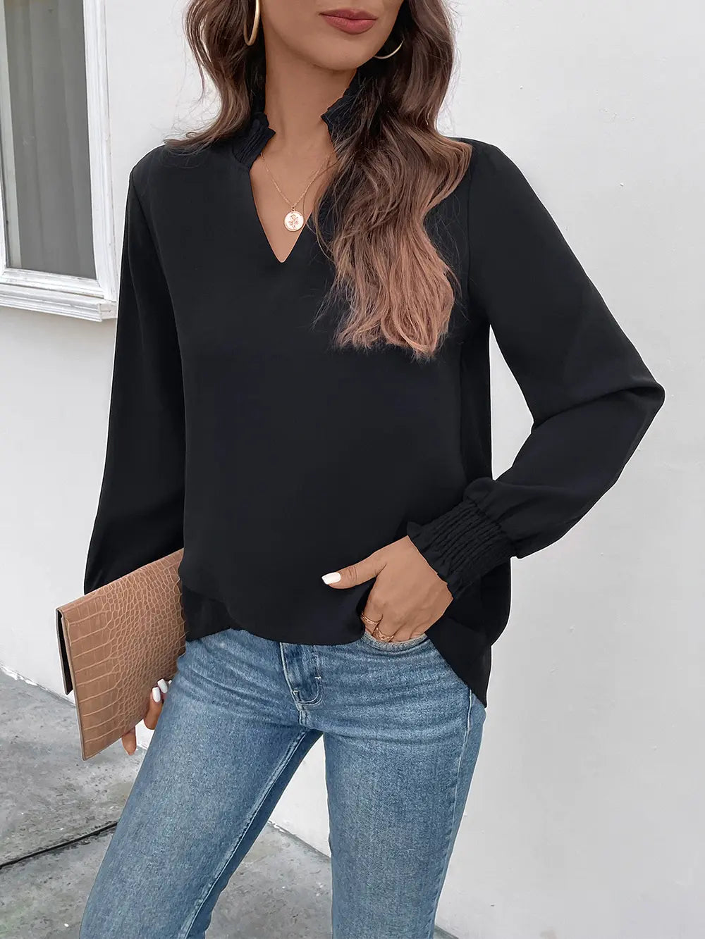 Trendsi Perfee Smocked Notched Long Sleeve Blouse