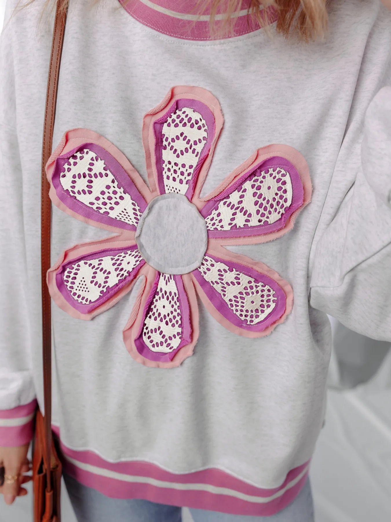 Trendsi Flower Patch Contrast Trim Crew Neck Sweatshirt