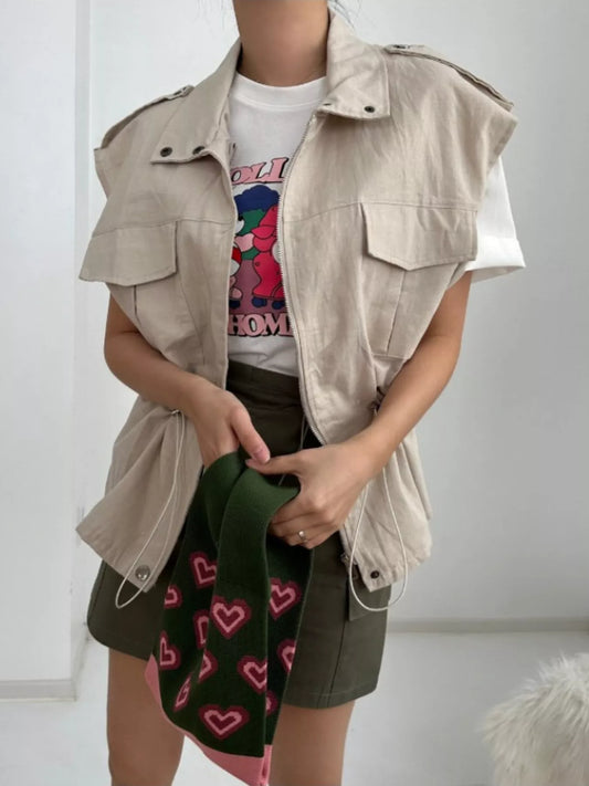 Drawstring Zip Up Vest Coat Khaki Easy Apparels