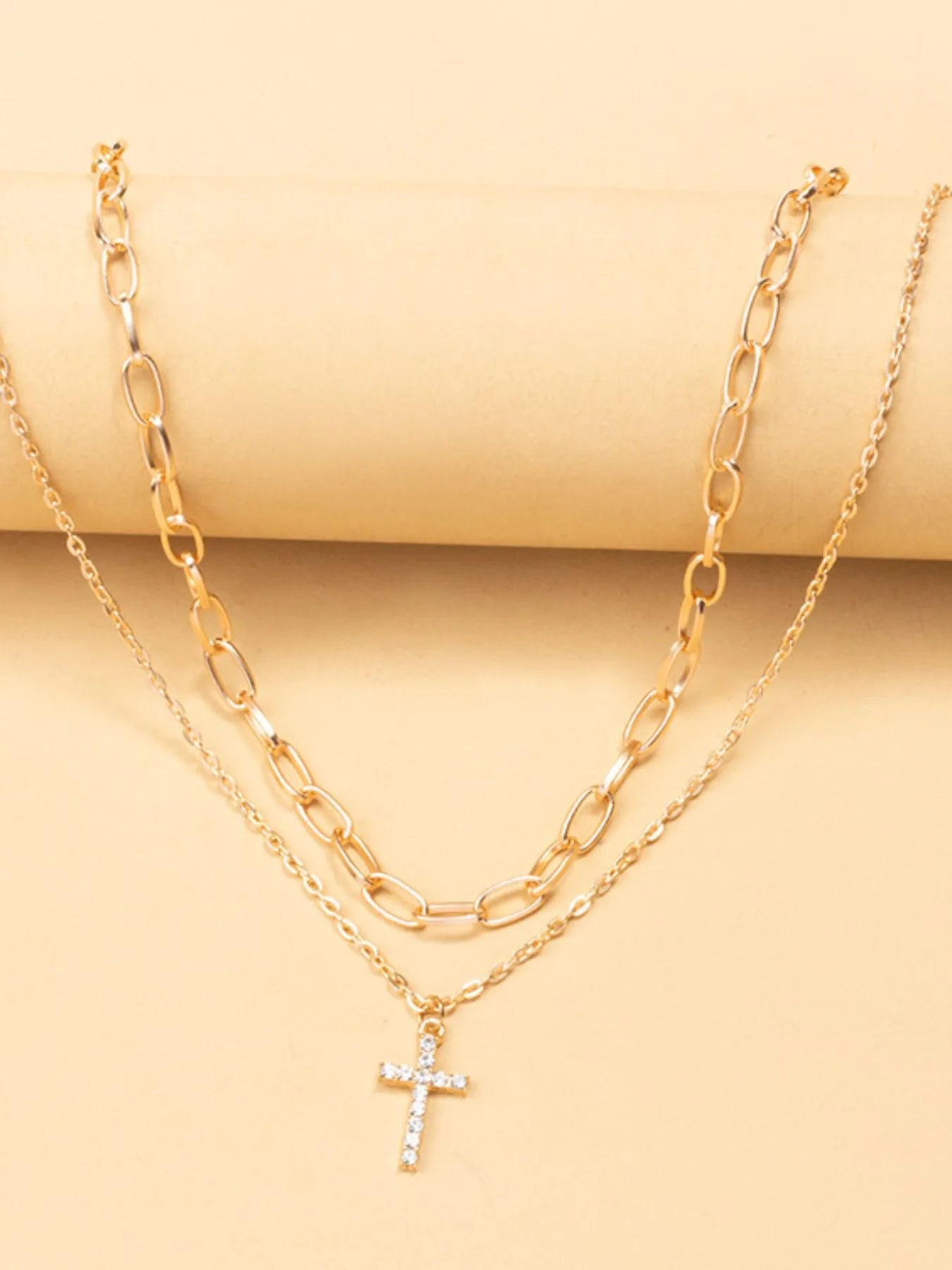 Double Layered Inlaid Zircon Cross Pendant Necklace Easy Apparels
