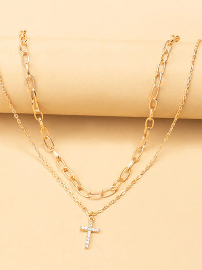 Double Layered Inlaid Zircon Cross Pendant Necklace Easy Apparels
