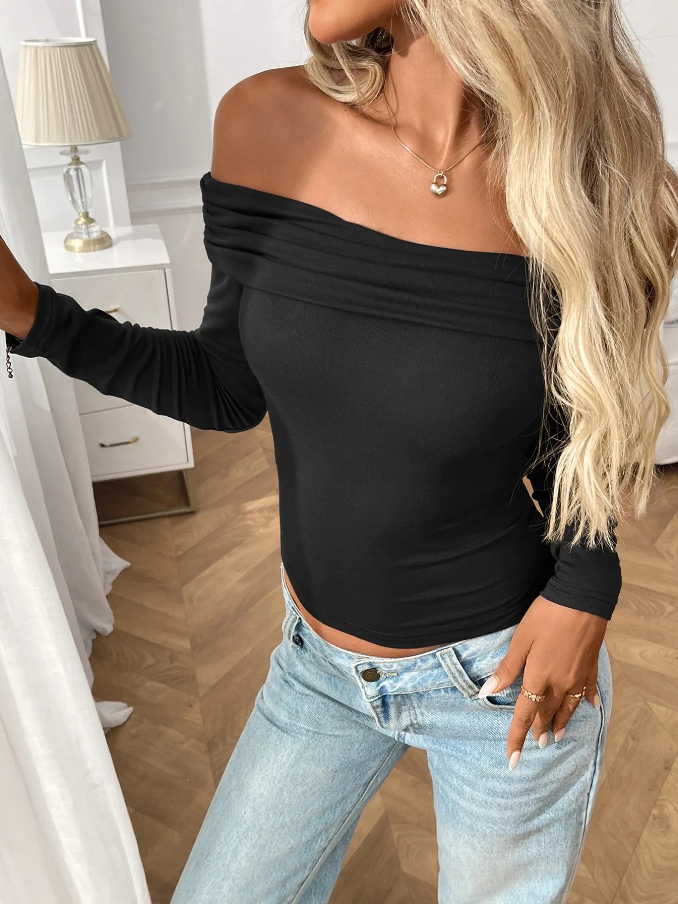 Trendsi Off-Shoulder Long Sleeve Fitted T-Shirt Black