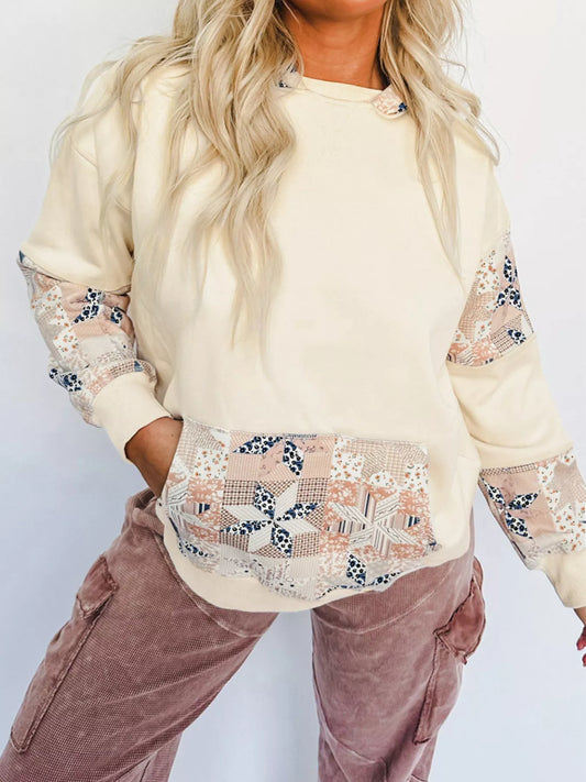 Geo Pattern Patchwork Hoodie with Kangaroo Pocket Cream Easy Apparels