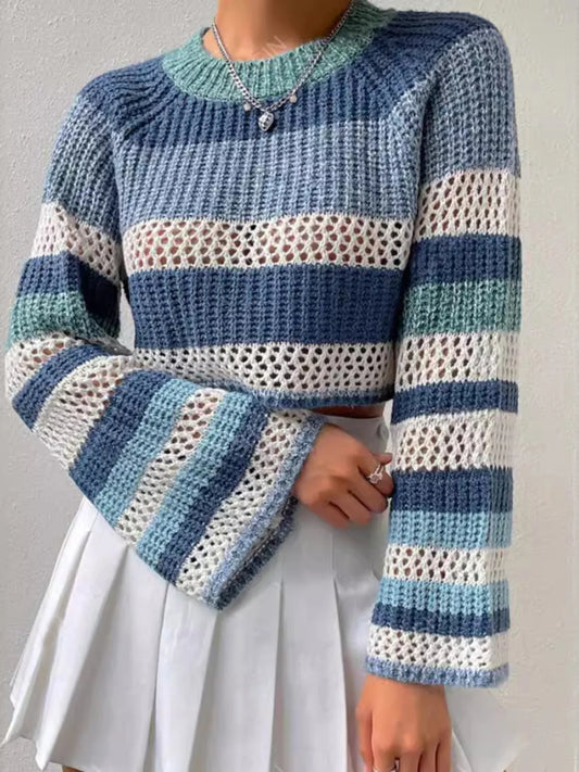 Trendsi Openwork Striped Color Block Crop Sweater Dusty Blue