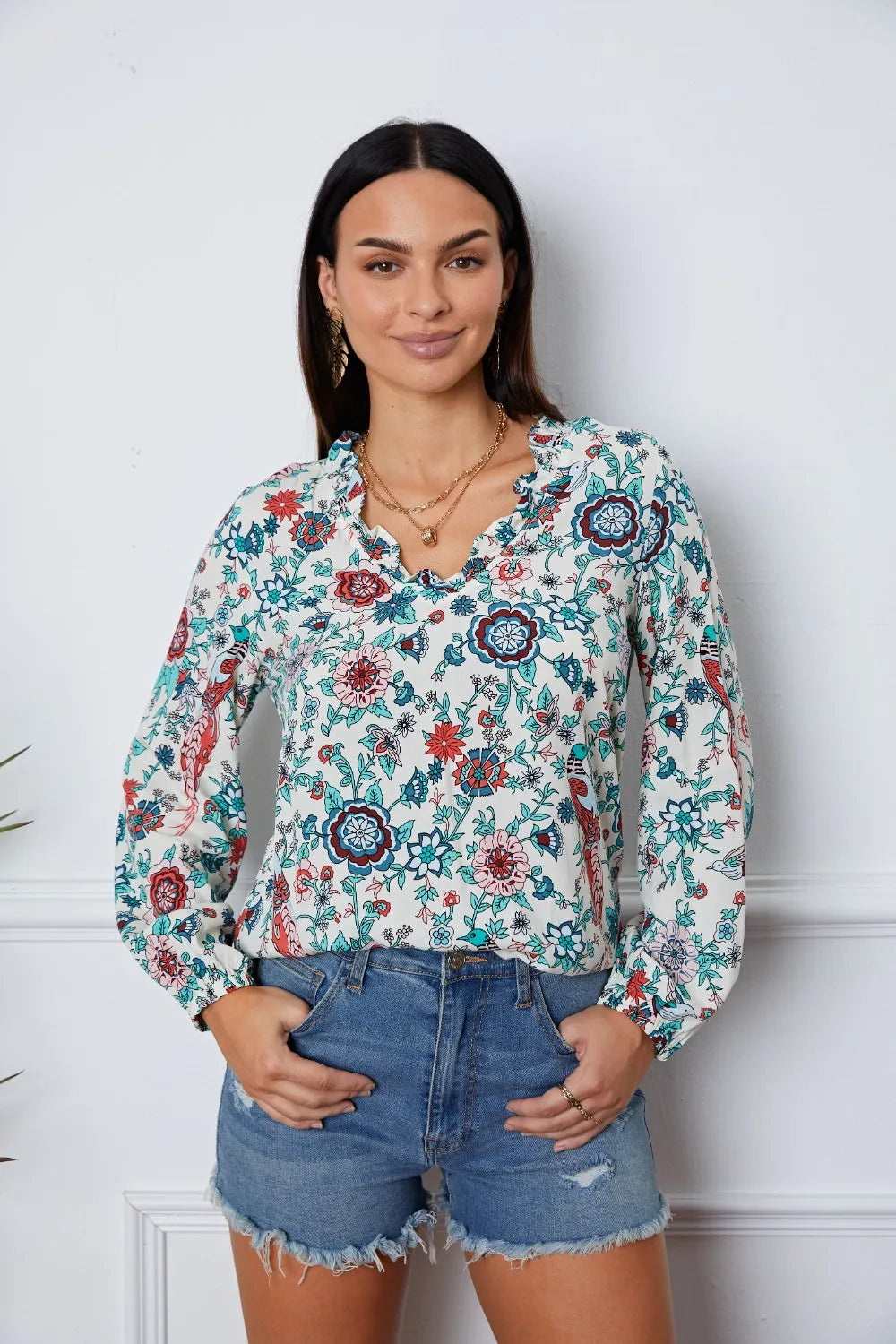 Trendsi Floral Notched Long Sleeve Blouse Multicolor