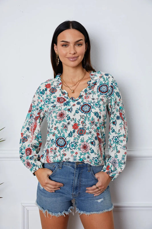 Trendsi Floral Notched Long Sleeve Blouse Multicolor