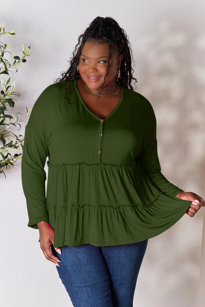 Trendsi Double Take Half Button Long Sleeve Ruffle Hem Blouse Army Green