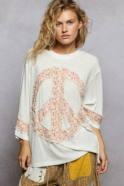 Trendsi POL Floral Peace Patch Drop Shoulder T-Shirt Ivory