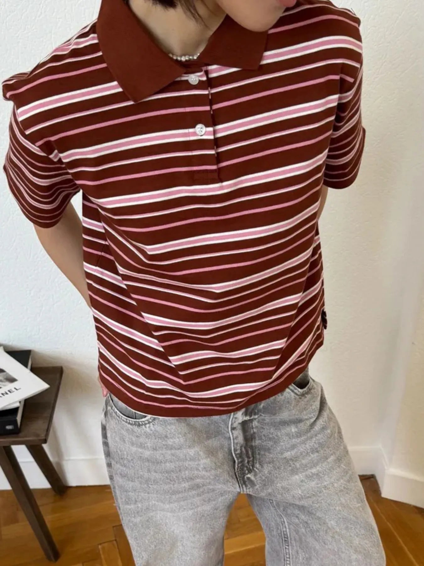 Trendsi Striped Polo T-Shirt with Contrast Collar