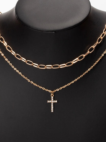Double Layered Inlaid Zircon Cross Pendant Necklace Easy Apparels