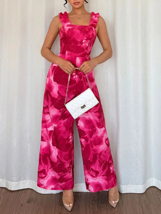 Floral Print Square Neck Wide Leg Jumpsuit Hot Pink Easy Apparels