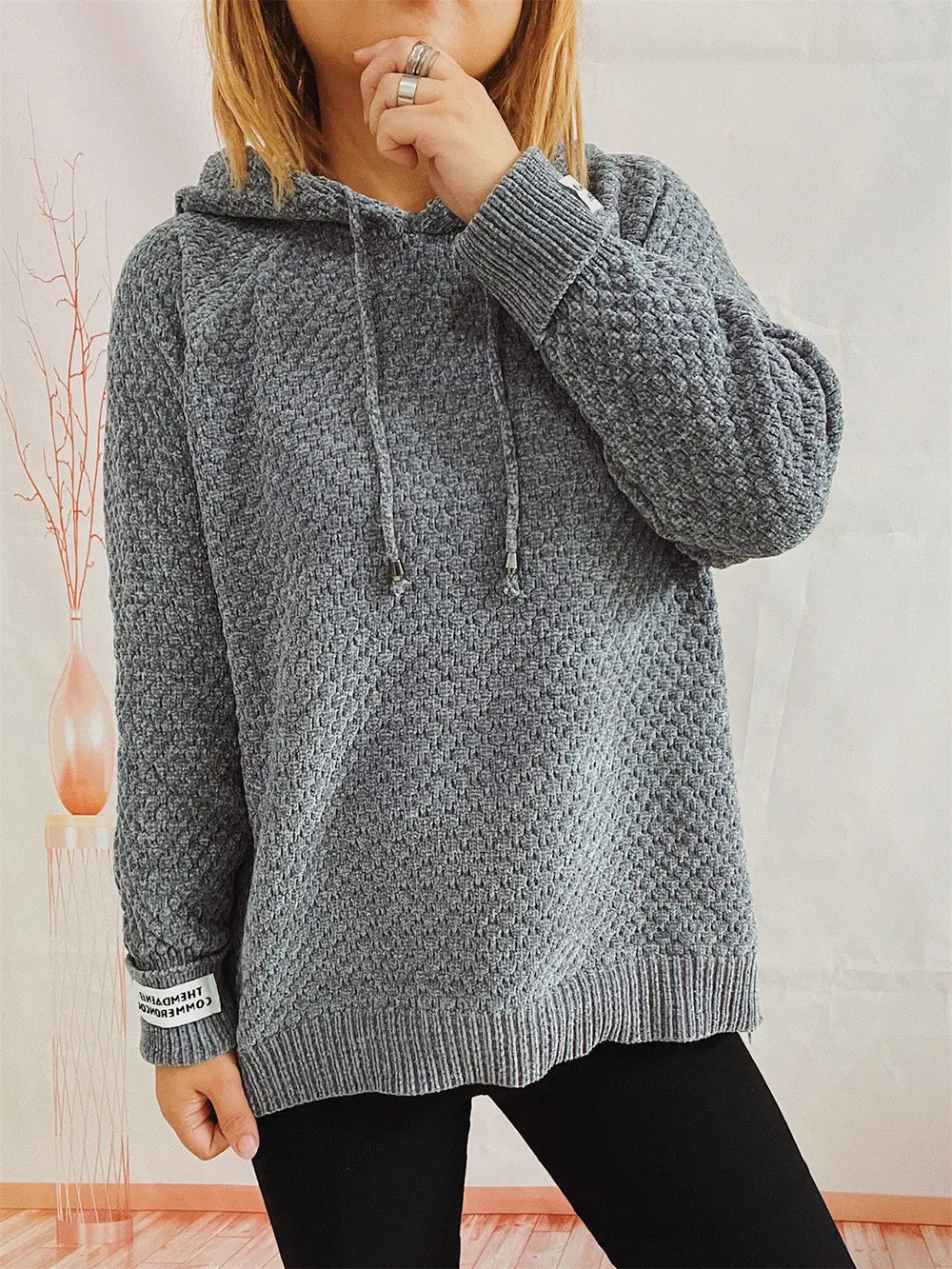 Drawstring Long Sleeve Hooded Sweater Charcoal One Size Easy Apparels