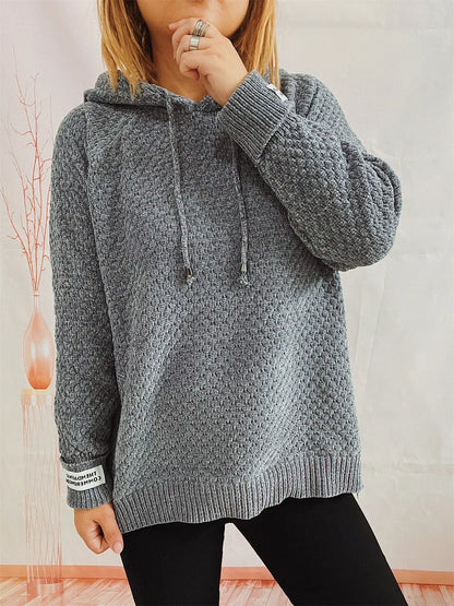 Drawstring Long Sleeve Hooded Sweater Charcoal One Size Easy Apparels