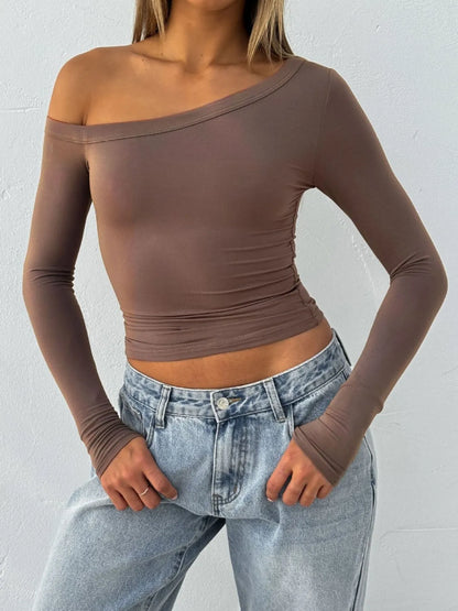 Trendsi One Shoulder Long Sleeve Crop T-Shirt Coffee Brown