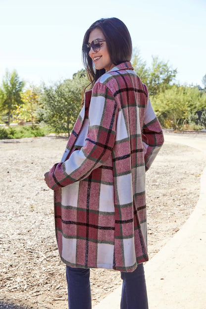Double Take Full Size Plaid Button Up Lapel Collar Coat Easy Apparels