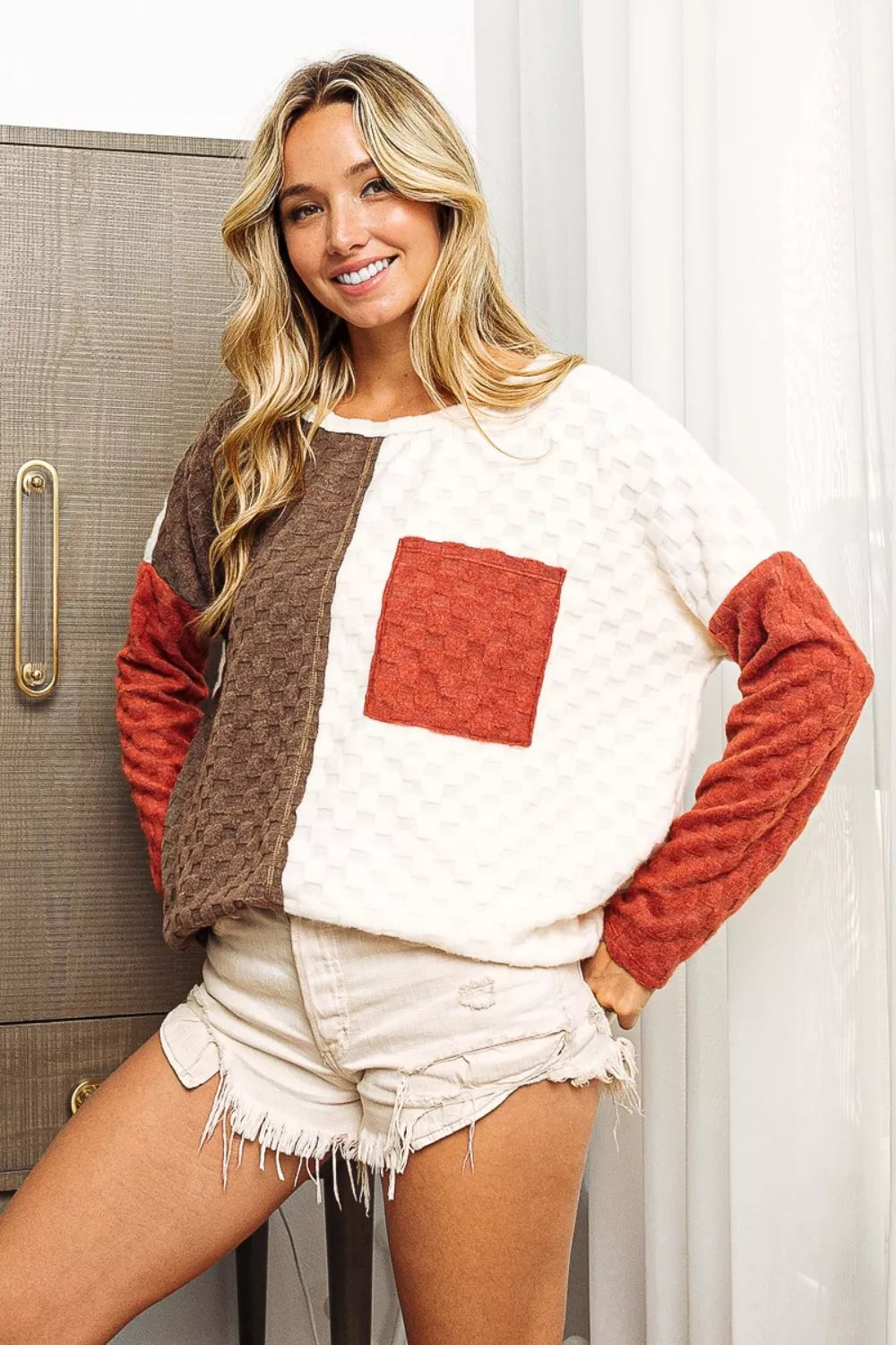 Trendsi BiBi Color Block Brushed Checker Top
