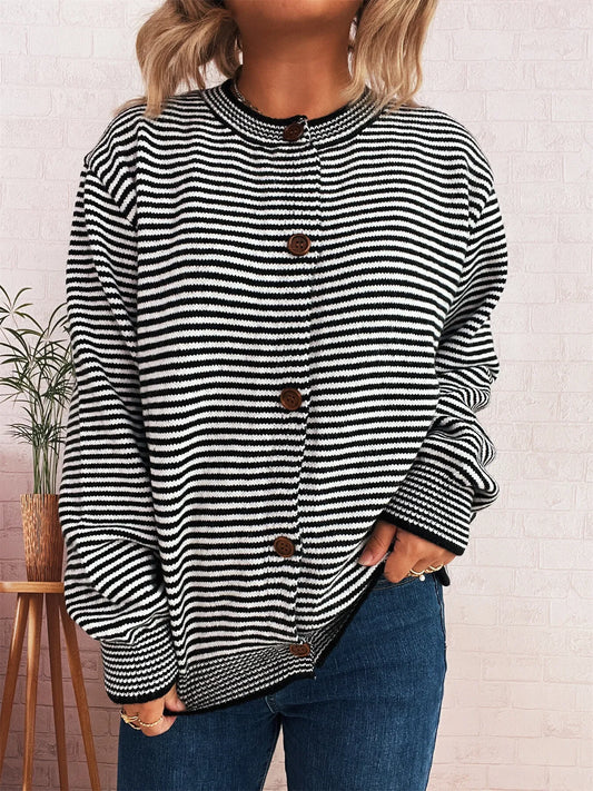 Striped Button Up Long Sleeve Cardigan Black One Size Easy Apparels
