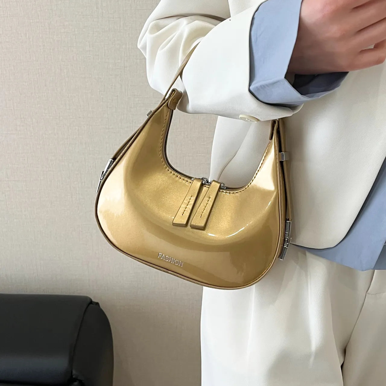 Leather Crescent Shoulder Bag Gold onesize Easy Apparels