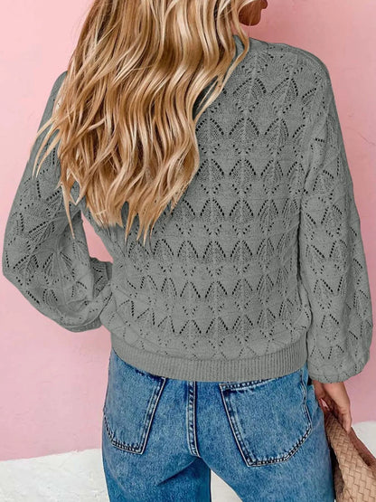 Openwork Button Up Cardigan Gray Easy Apparels