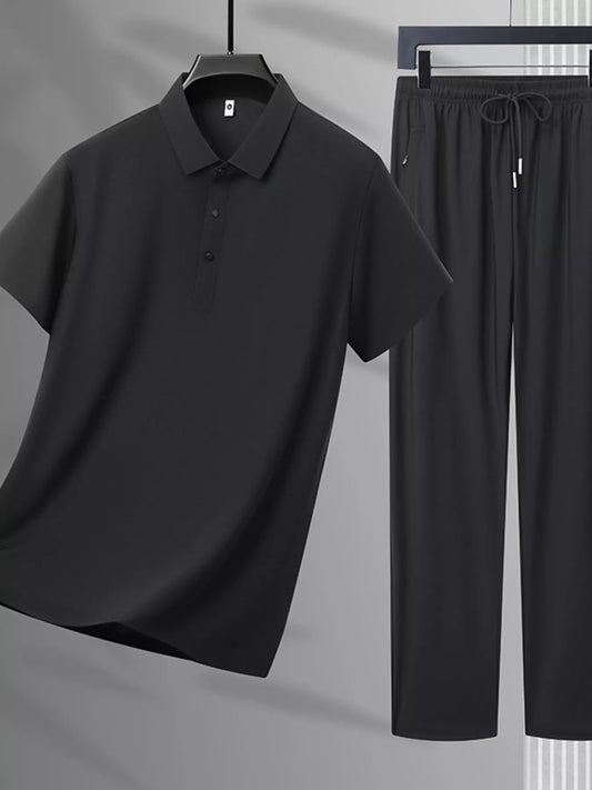 Men's Plus Size Button Detail Polo and Pants Set Black Easy Apparels