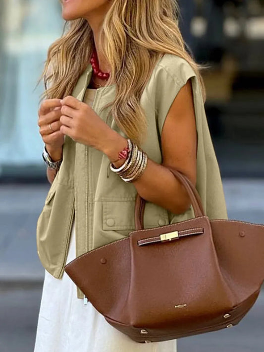 Ruched Hem Zip Up Vest Khaki Easy Apparels