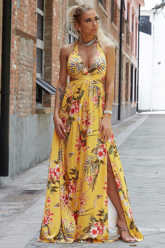 Halter Neck Split Dress Banana Yellow Easy Apparels
