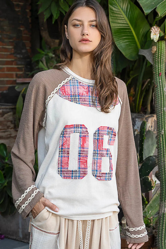 Trendsi POL Plaid Number 06 Raglan Sleeve T-Shirt Mocha