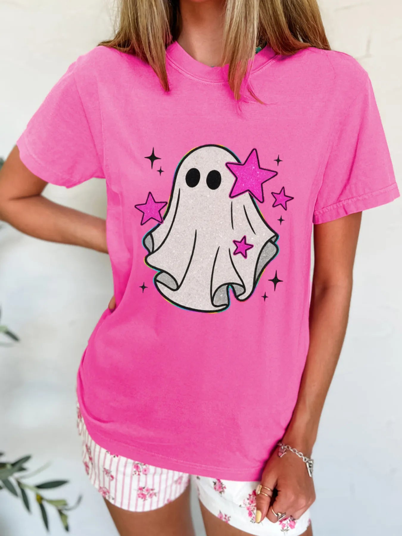 Trendsi Ghost Graphic Halloween Round Neck T Shirt Hot Pink