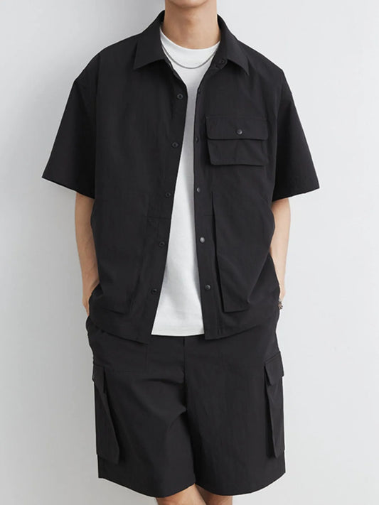 Men's Plus Size Button Up Short Sleeve Shirt and Shorts Set Black Easy Apparels