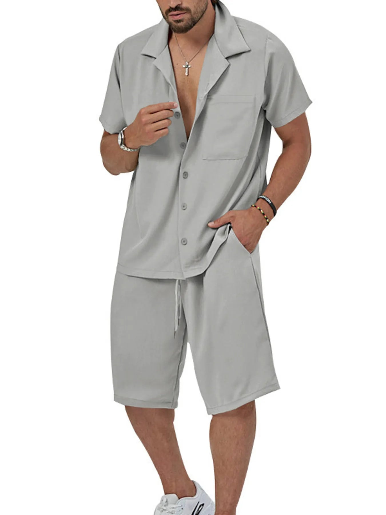 Men's Plus Size Button Up Short Sleeve Shirt and Shorts Set Gray Easy Apparels