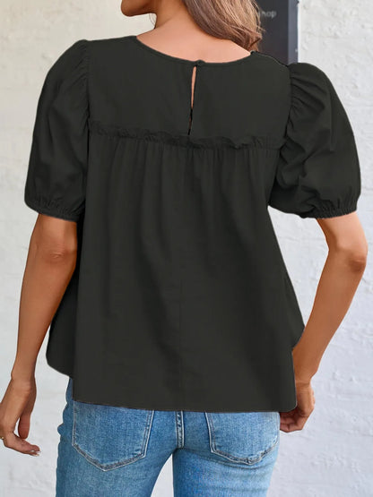 Trendsi Tiered Round Neck Puff Sleeve Ruched Blouse