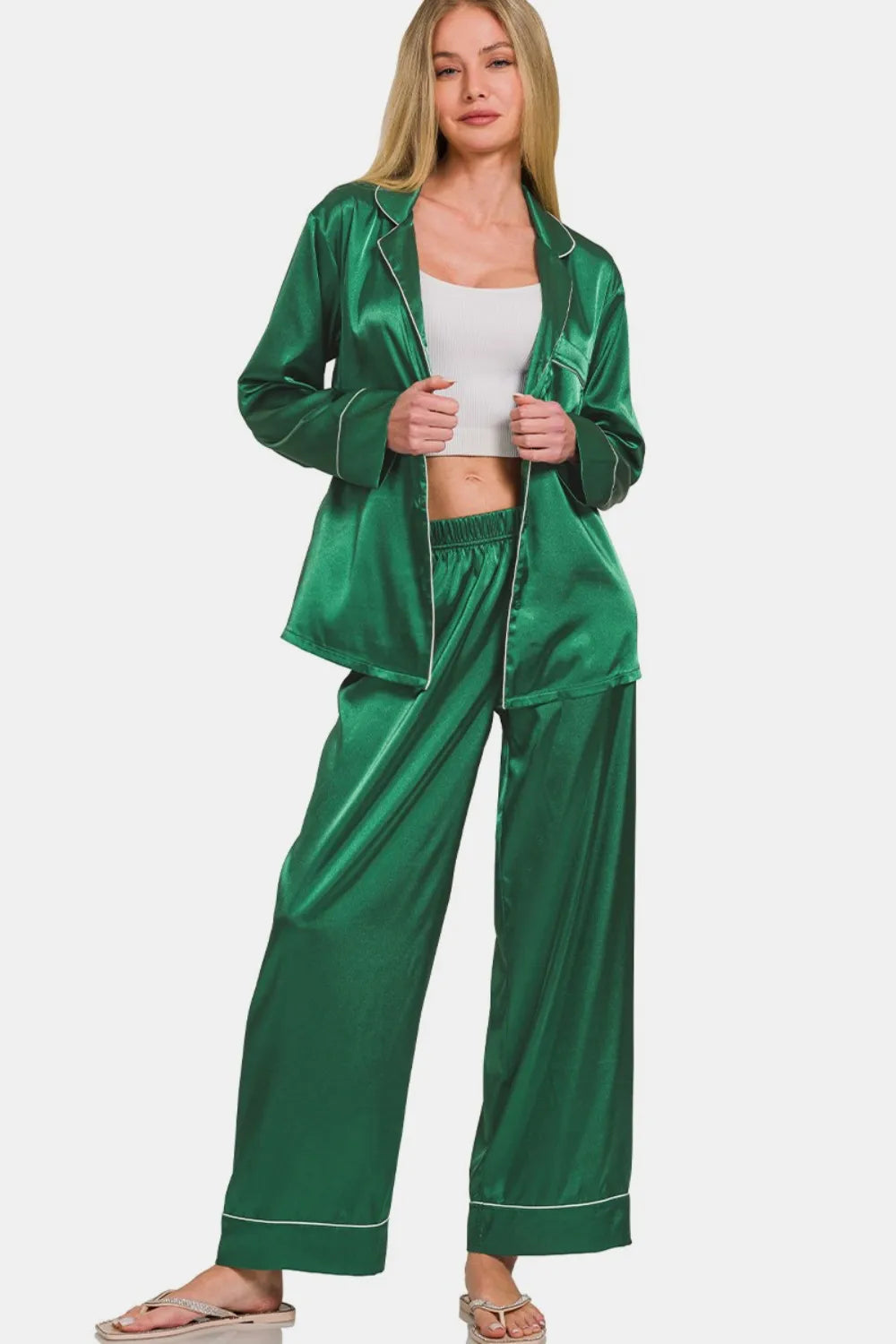 Zenana Satin Long Sleeve Shirt and Pants Pajama Set Easy Apparels