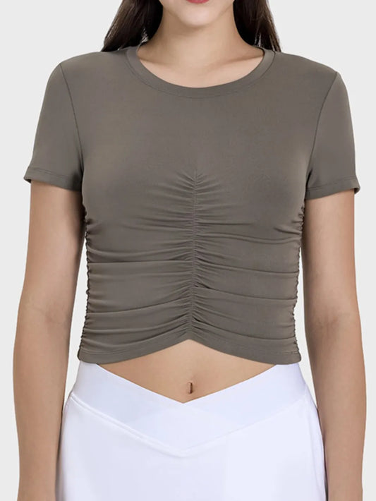 Millennia Ruched Round Neck Short Sleeve Active T-Shirt Mocha Easy Apparels