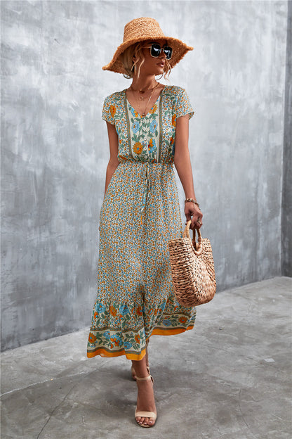 Trendsi V-Neck Short Sleeve Printed Maxi Dress
