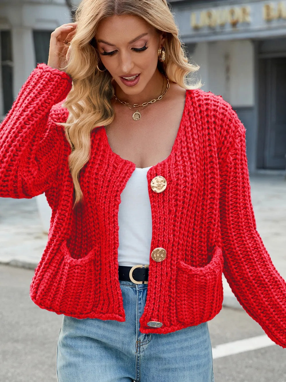 Round Neck Button Up Cardigan with Pockets Easy Apparels