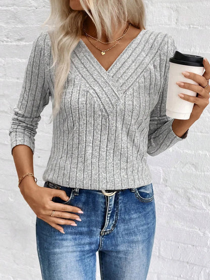Trendsi Ribbed V-Neck Long Sleeve Knit T-Shirt