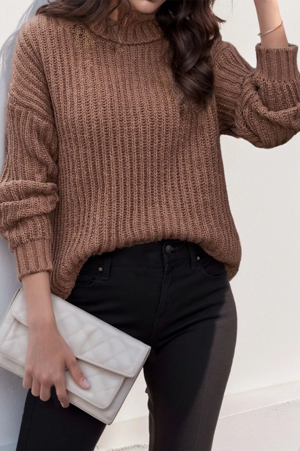 Turtleneck Dropped Shoulder Pullover Sweater Easy Apparels