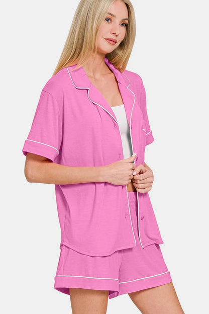 Zenana Button Down Short Sleeve Top and Shorts Lounge Set Easy Apparels