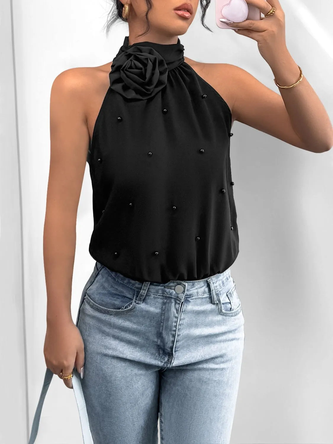 Trendsi 3D Flower Grecian Neck Bodysuit