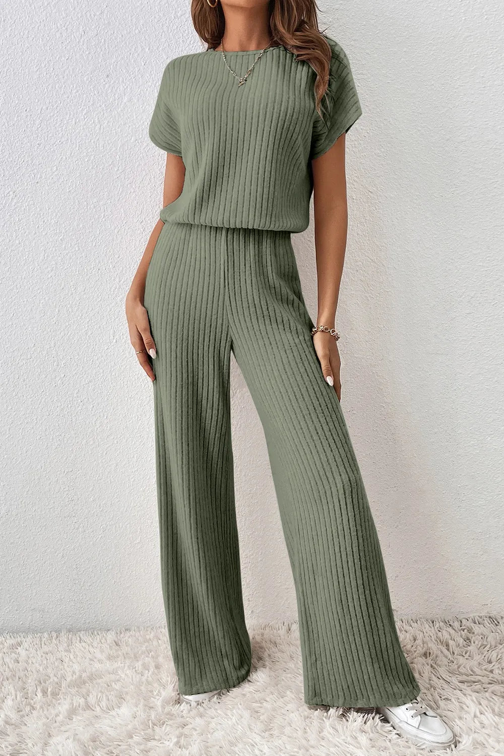 Ribbed Short Sleeve Wide Leg Jumpsuit Easy Apparels