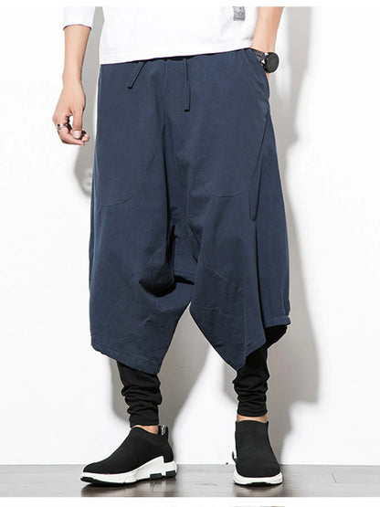 Men's Plus Size Wide Leg Drop Crotch Pants with Drawstring Navy Easy Apparels