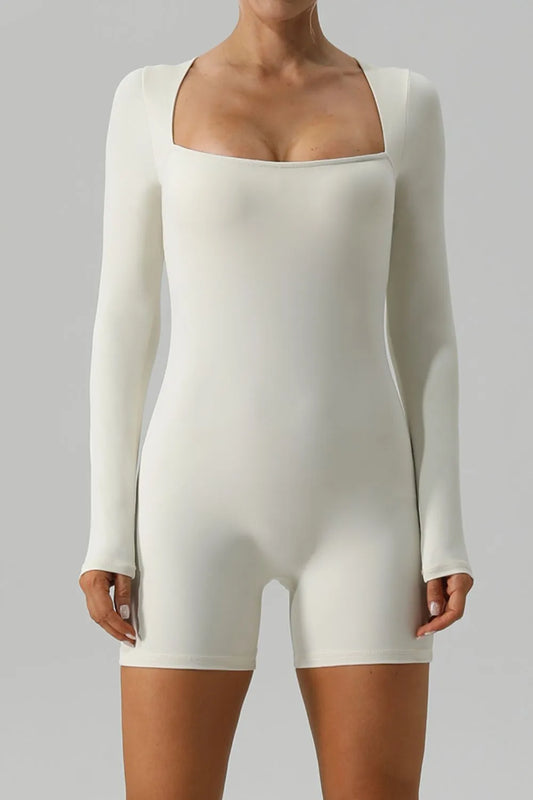 Square Neck Long Sleeve Active Romper Ivory Easy Apparels