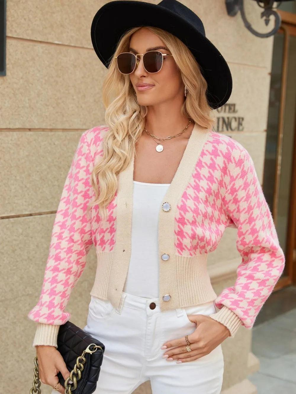 Houndstooth Button Up Long Sleeve Cardigan Easy Apparels