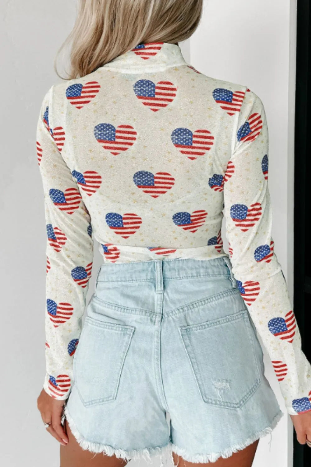 Trendsi US Flag Heart Mock Neck Long Sleeve Bodysuit