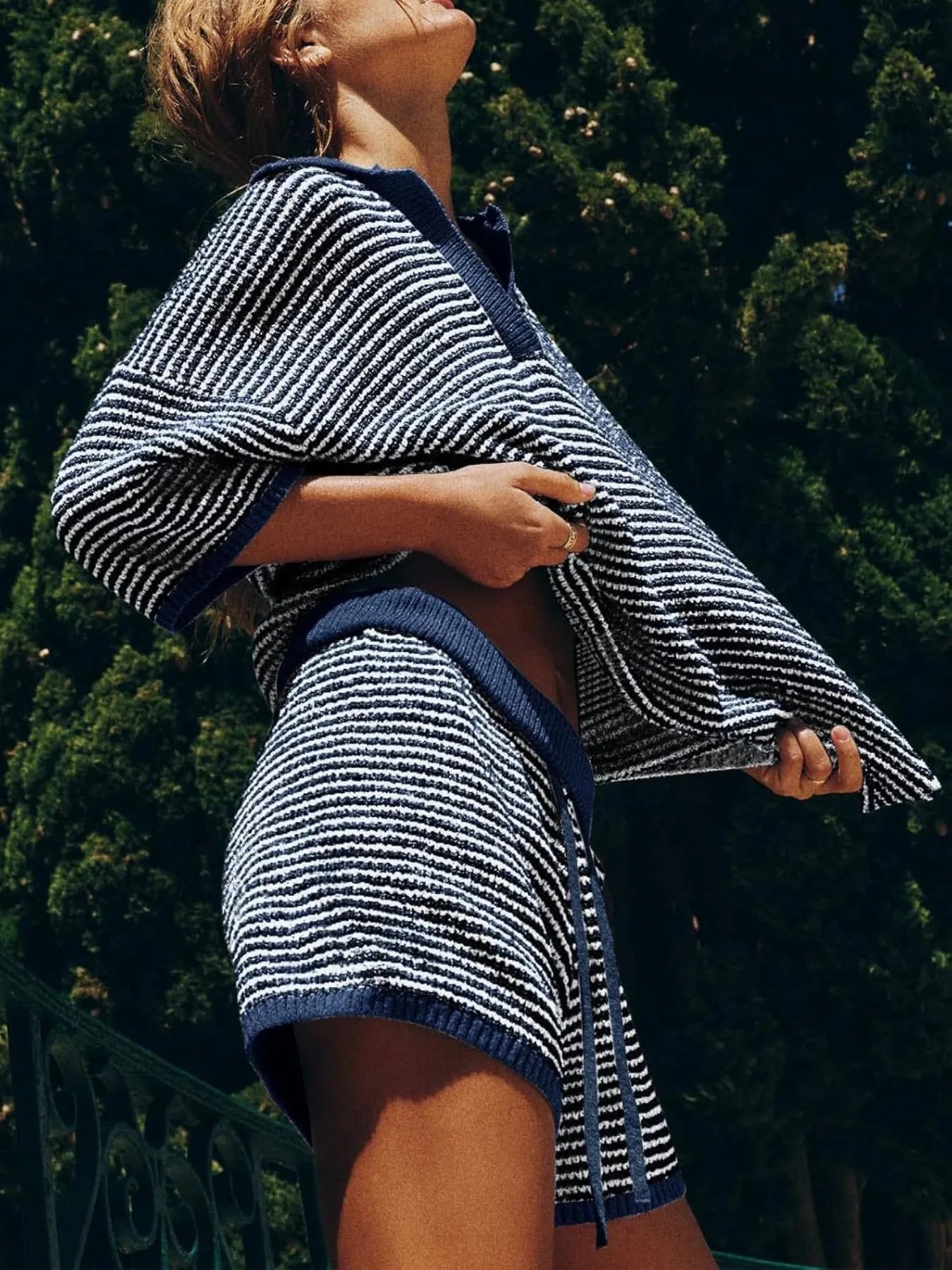 Collared Neck Contrast Striped Top and Shorts Sweater Set Easy Apparels