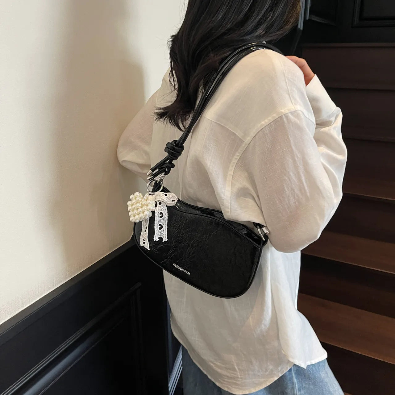 Leather Shoulder Bag with Pearl Detail Black onesize Easy Apparels